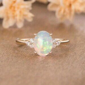 1pc Elegant 18K Golden Plated Copper Ring with Synthetic Opal